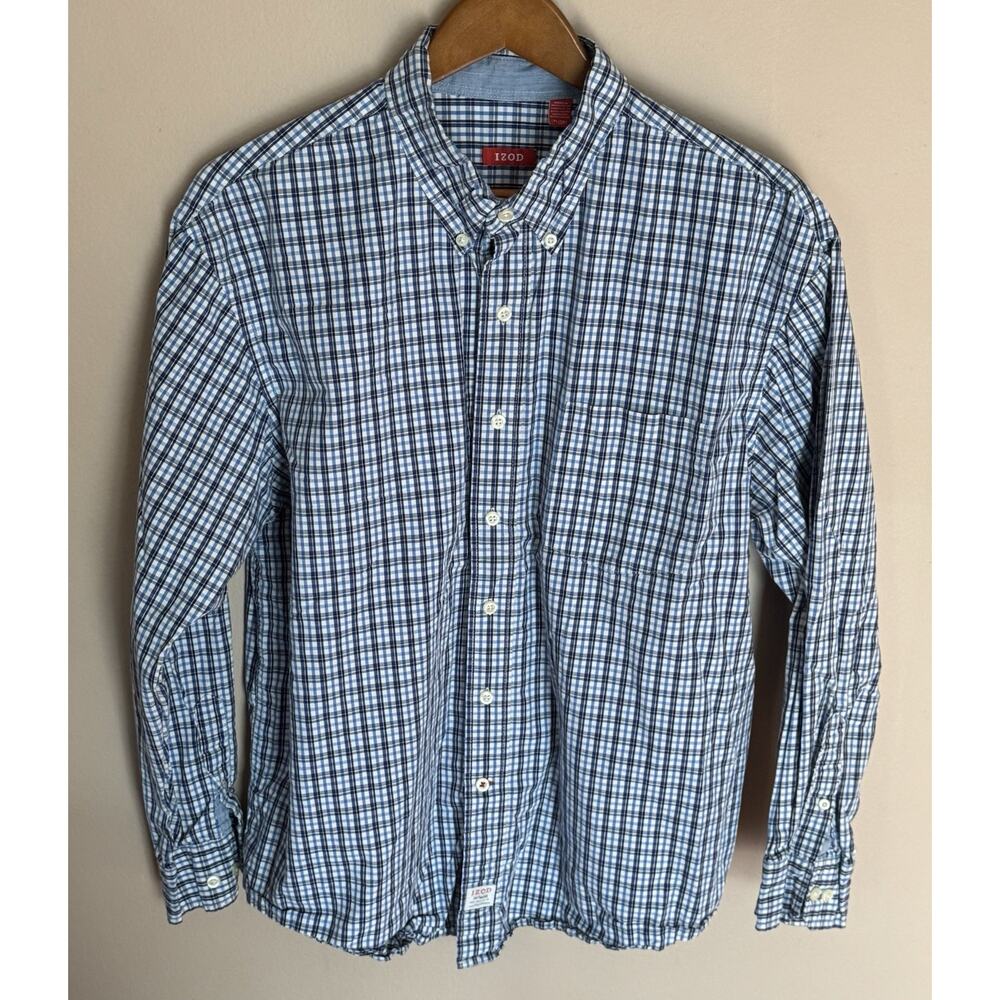 IZOD Button Down Shirt Mens Extra Large Blue Plaid Long Sleeve